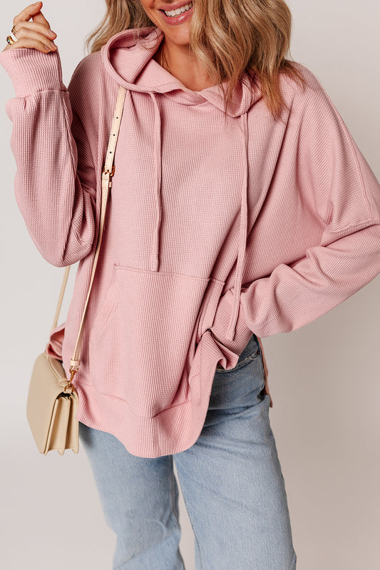 Light Pink Waffle Knit Fleece Lined High Low Oversized Hoodie