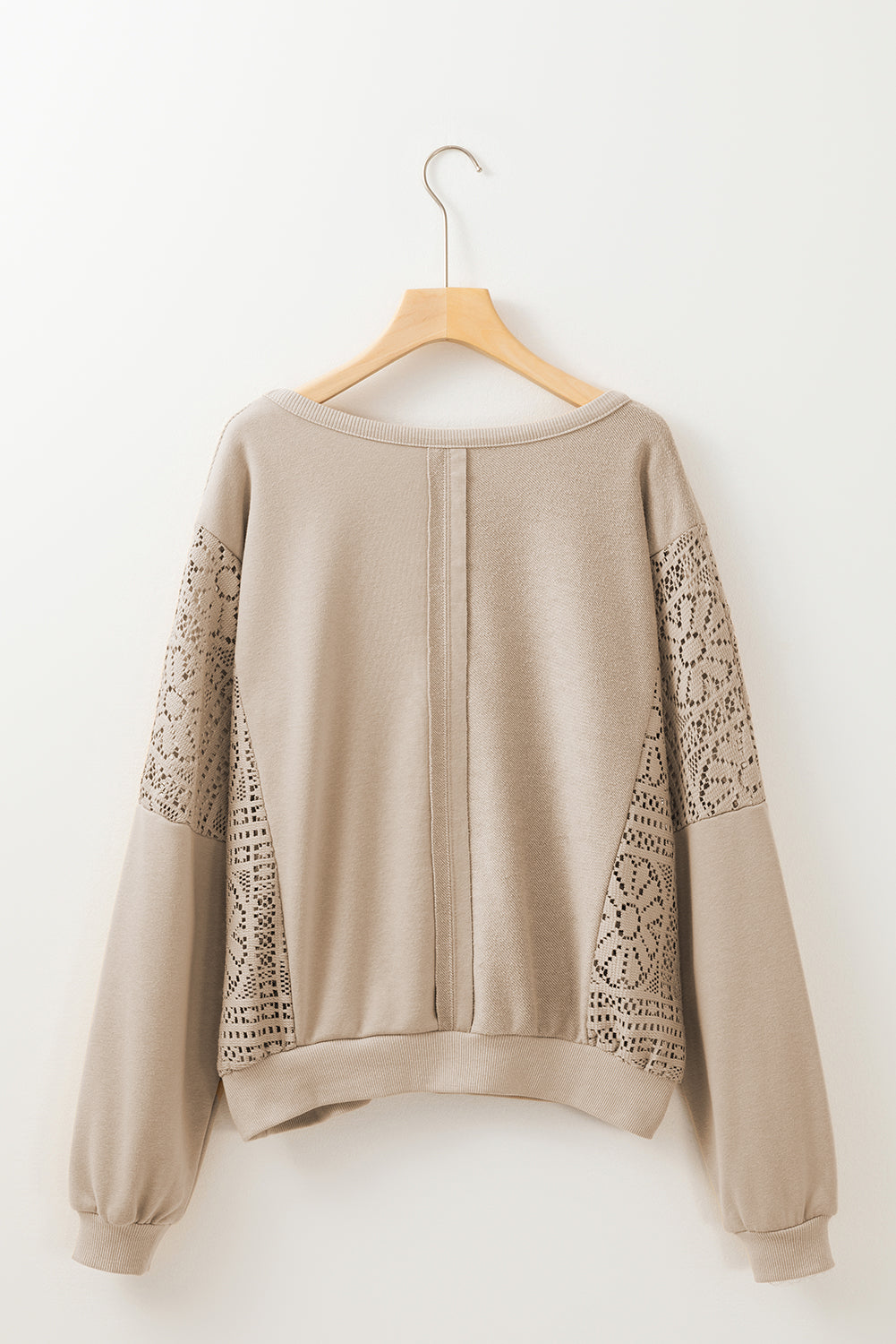 Parchment Knit Crochet Exposed Seam Ribbed Trim Sweatshirt