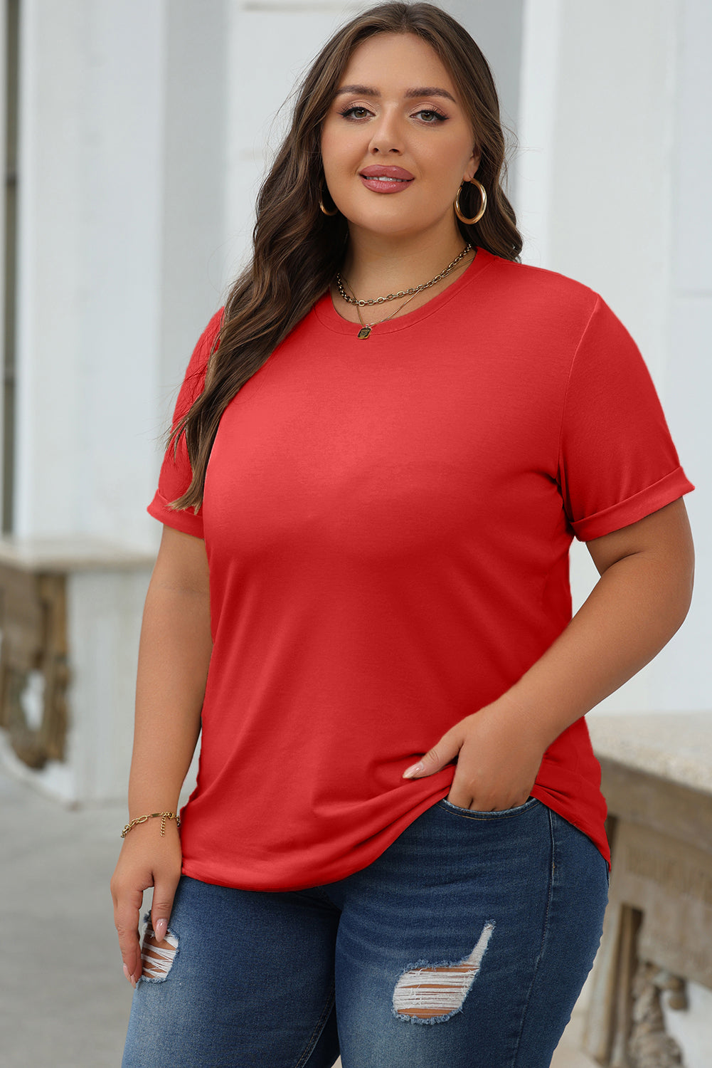 Red Casual Plain Crew Neck Tee