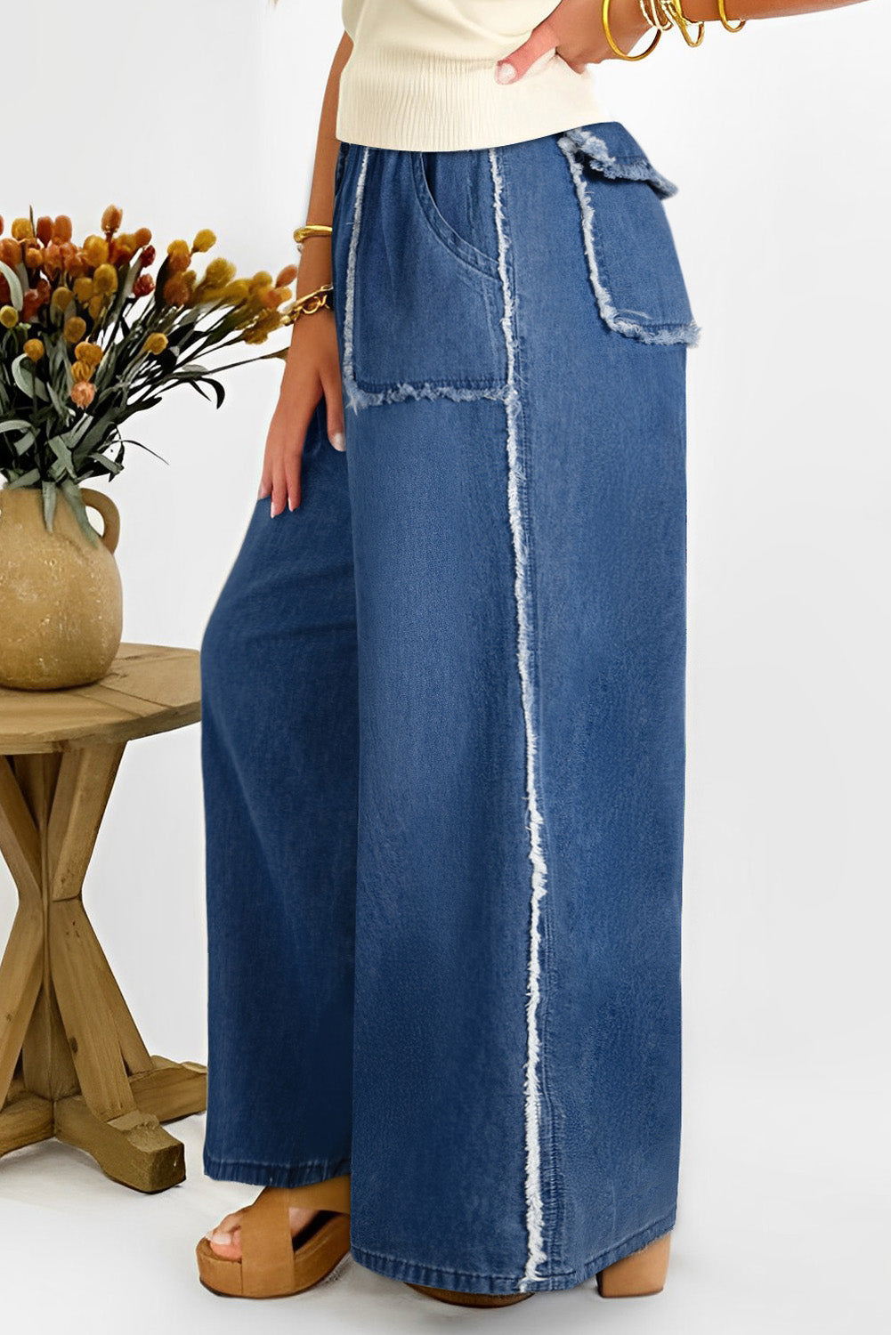 Sail Blue Washed Denim Chambray Loose Plus Size Pants