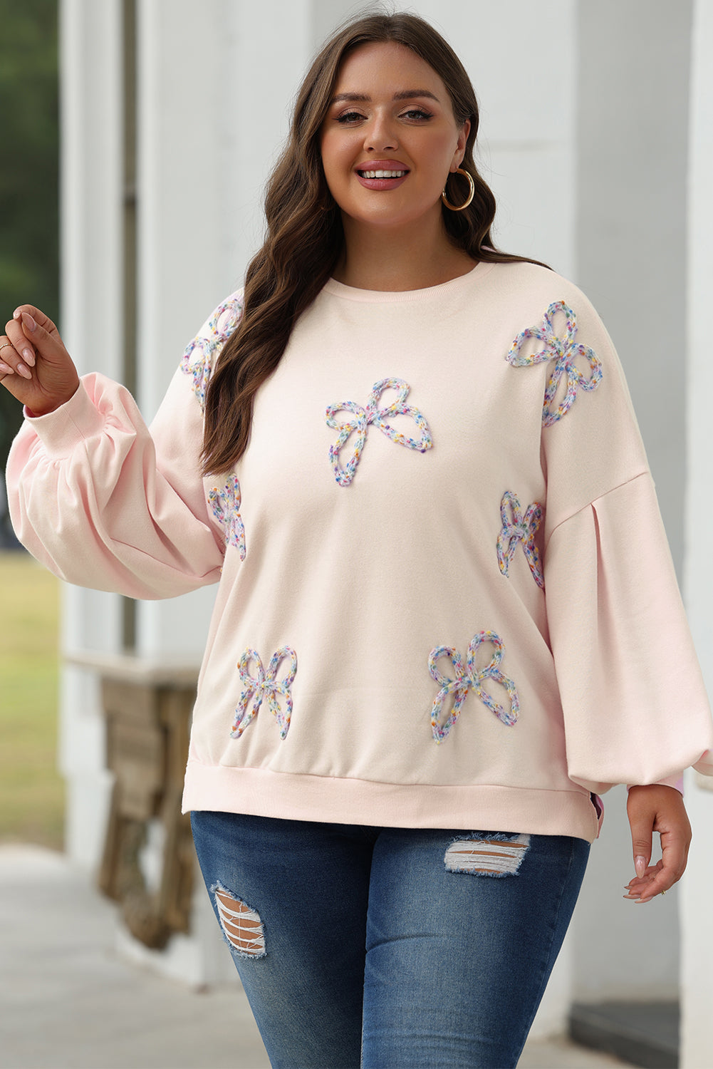 Parchment Embroidered Bow Lantern Sleeve Oversized Pullover Sweatshirt