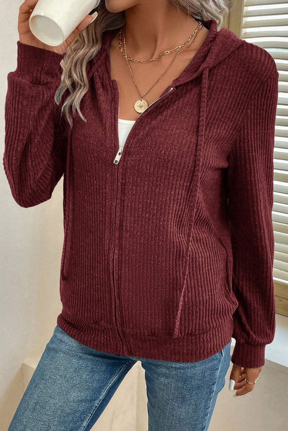 Red Dahlia Ribbed Zip Up Front Drawstring Hoodie