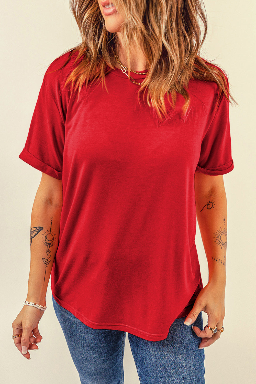 Red Casual Plain Crew Neck Tee