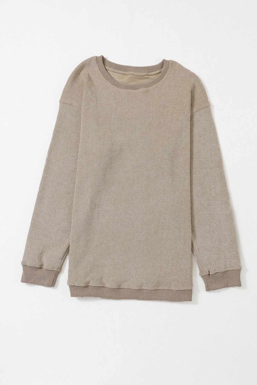 Khaki Solid Ribbed Knit Round Neck Pullover Sweatshirt