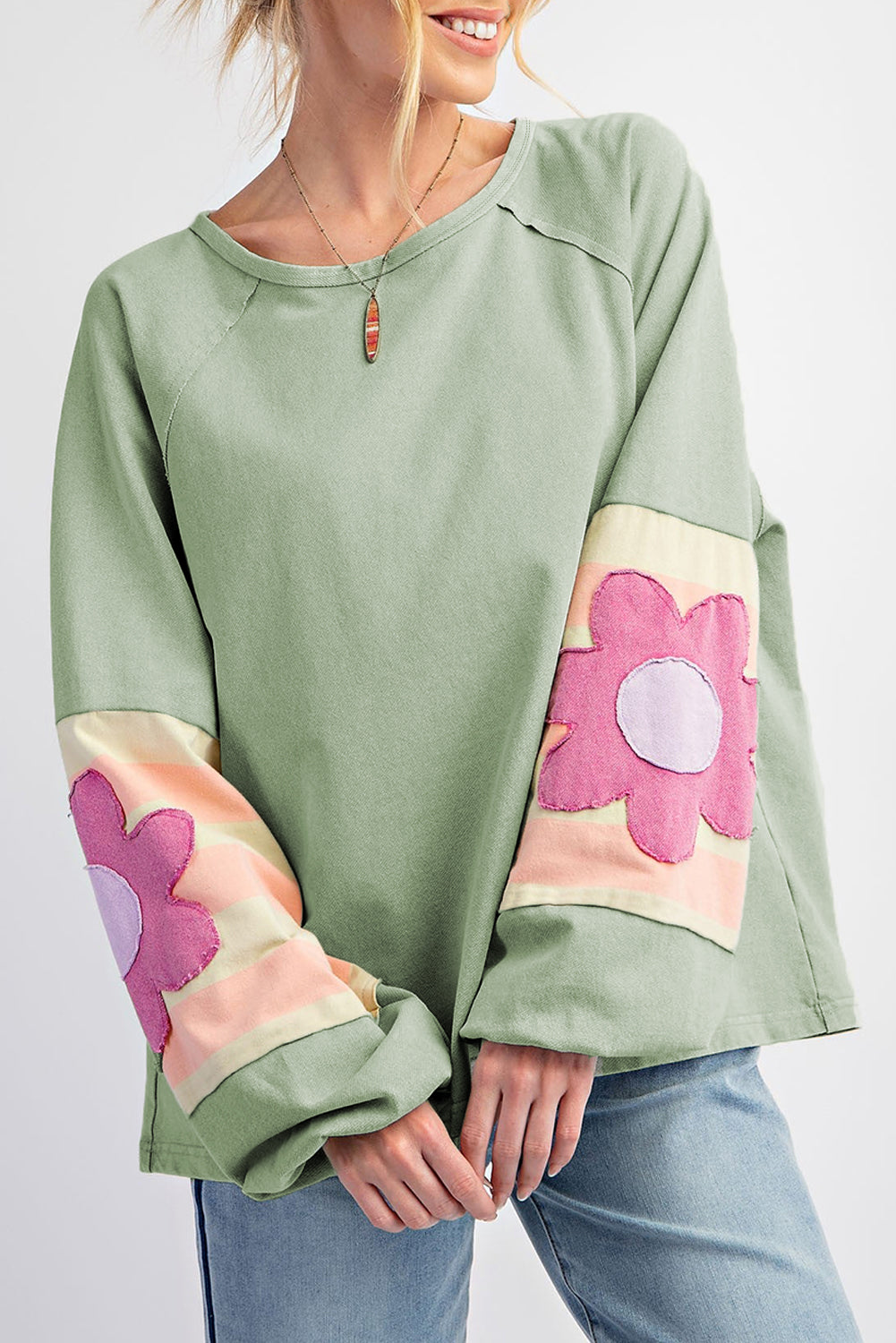 Smoke Green Flower Patchwork Raglan Sleeve Exposed Seam Oversized Top