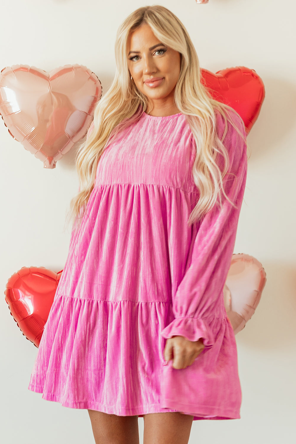 Strawberry Pink Flounce Sleeve Tiered Ruffled Velvet Mini Dress