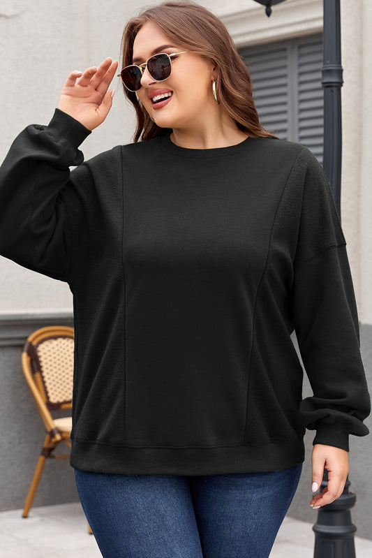 Black Loose Patchwork Crewneck Plus Size Sweatshirt