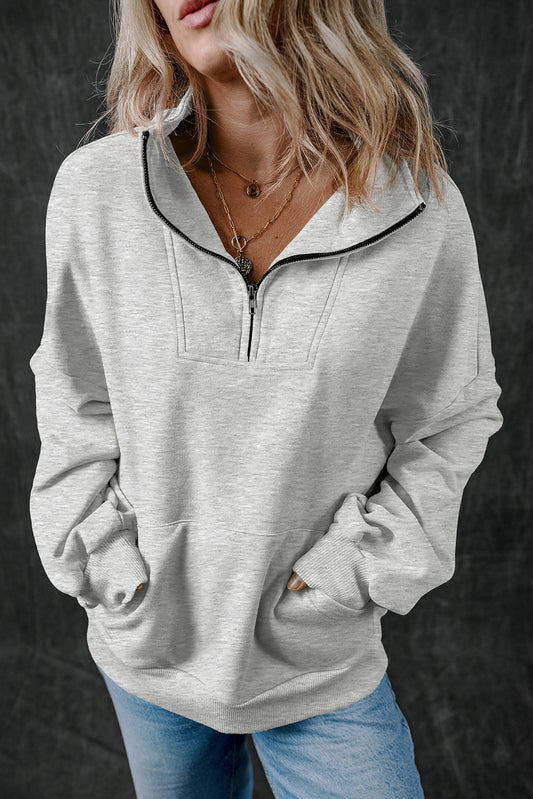 Light Grey Zip-up Stand Neck Kangaroo Pocket Sweatshirt