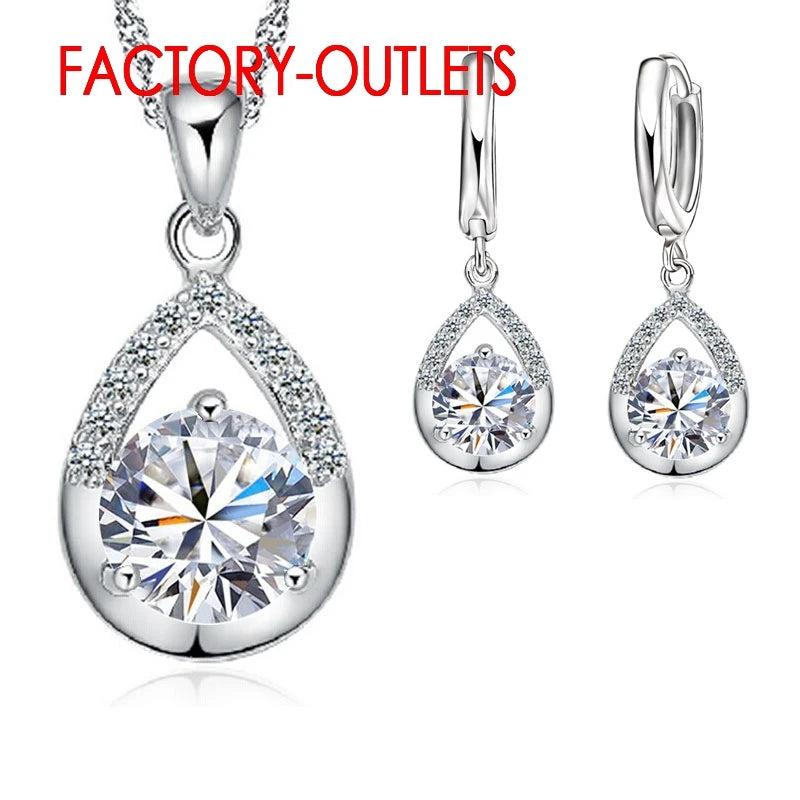 Hot Sale 925 Silver Needle Bridal Jewelry Sets Romantic Crystal Water Drop Necklaces Hoop Earrings Women Party Engagement