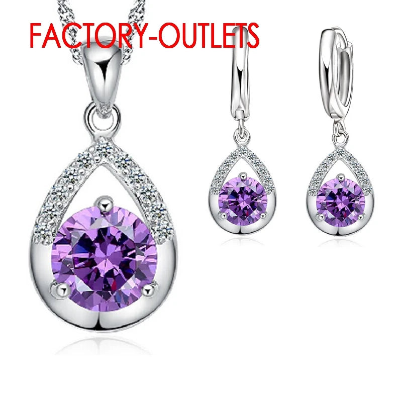 Hot Sale 925 Silver Needle Bridal Jewelry Sets Romantic Crystal Water Drop Necklaces Hoop Earrings Women Party Engagement