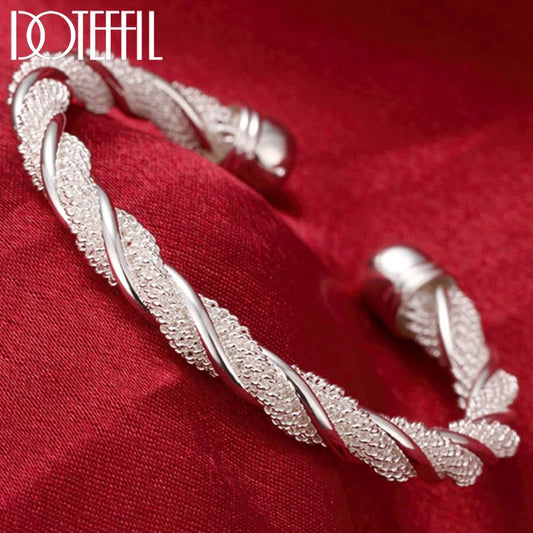 DOTEFFIL 925 Silver Sterling For Women Man Mesh Wide Braided Bracelet Bangle Chain Wristband Jewelry Bijoux Punk Jewelry