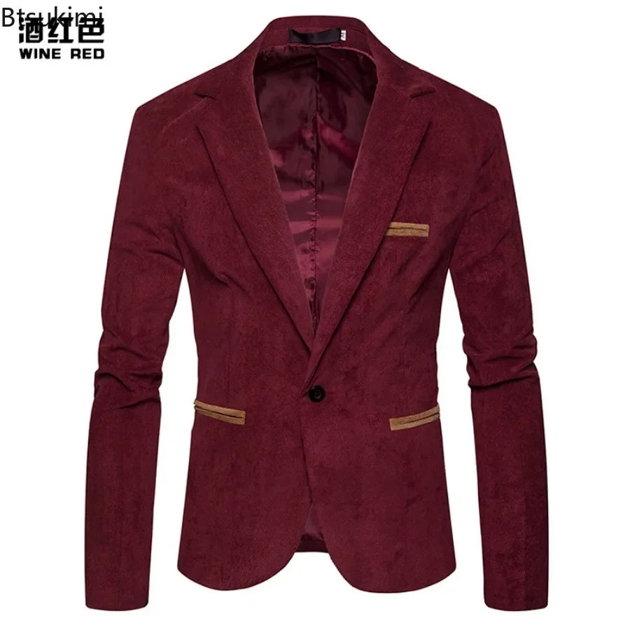 New High Quality Men's Leisure Corduroy Blazers Jacket Fashion Patchwork Single Button Casual Slim Suit Jacket for Men Clothing