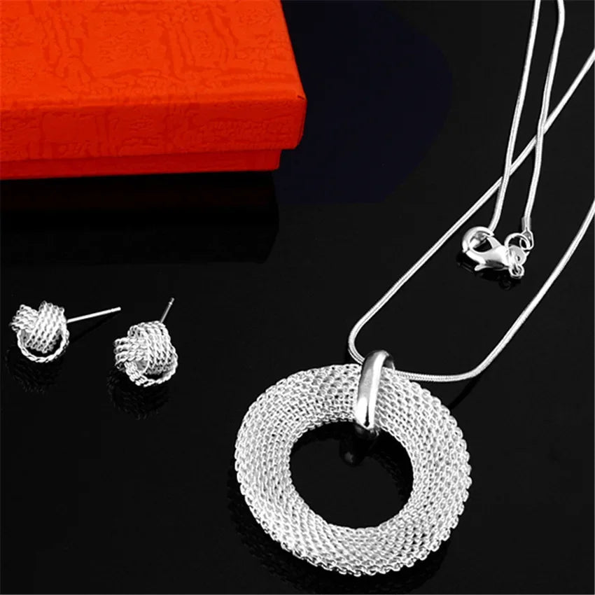 Wholesale 925 Sterling Silver Jewelry Sets Round Necklace Earrings Stud for Women Fashion Party Wedding Christmas Gifts