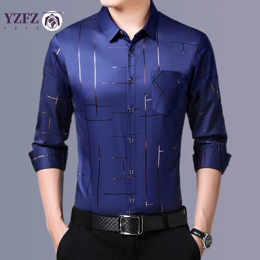 Men's Casual and Fashionable Long Sleeved Printed Shirt Wrinkle Resistant Business Top Without Ironing