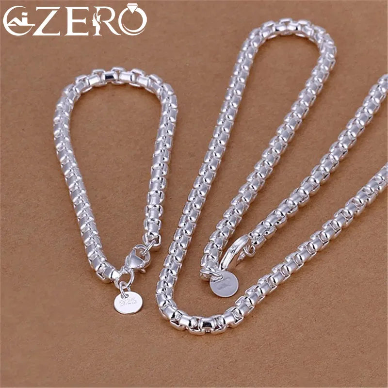 Wholesale 45-60cm 925 Sterling Silver 4mm Round Box Chain Necklace Bracelet set For Women Men Boy Wedding Engagement Charm