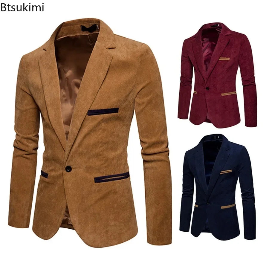 New High Quality Men's Leisure Corduroy Blazers Jacket Fashion Patchwork Single Button Casual Slim Suit Jacket for Men Clothing