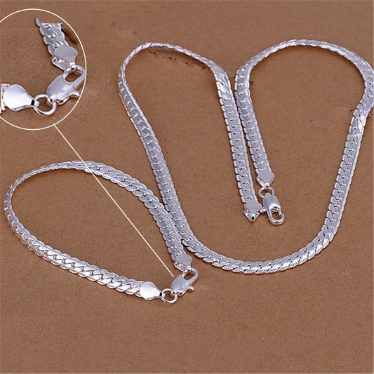 925 Sterling Silver Christmas Gifts European Style 6MM Flat Chain Necklace Bracelets Fashion for Man Women Jewelry Sets S085