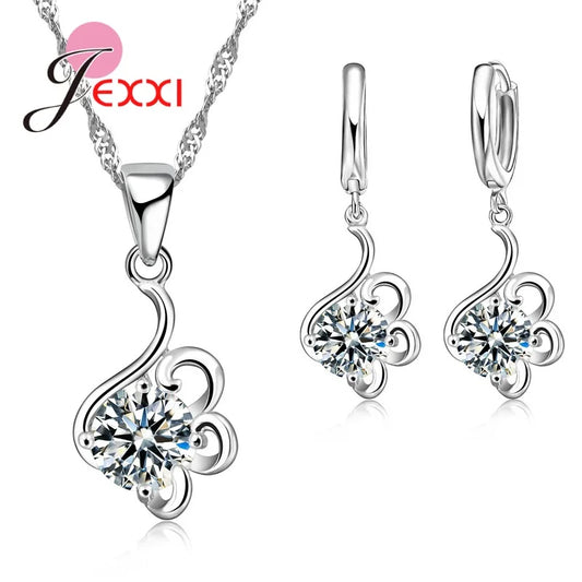 New 925 Sterling Silver Jewelry Set Engagement Wedding Bridal Crystal Rhinestone Flower Round Pendant Necklace Earring Sets