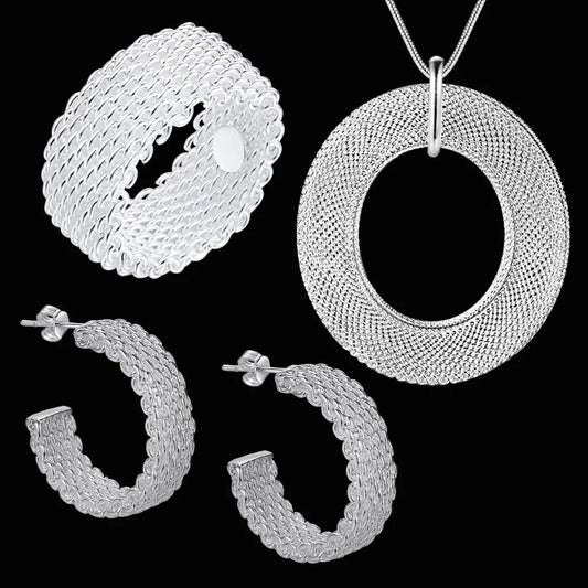 925 Sterling Silver weave Pendant necklace earrings stud rings for woman Fashion Party wedding accessories gifts Jewelry sets