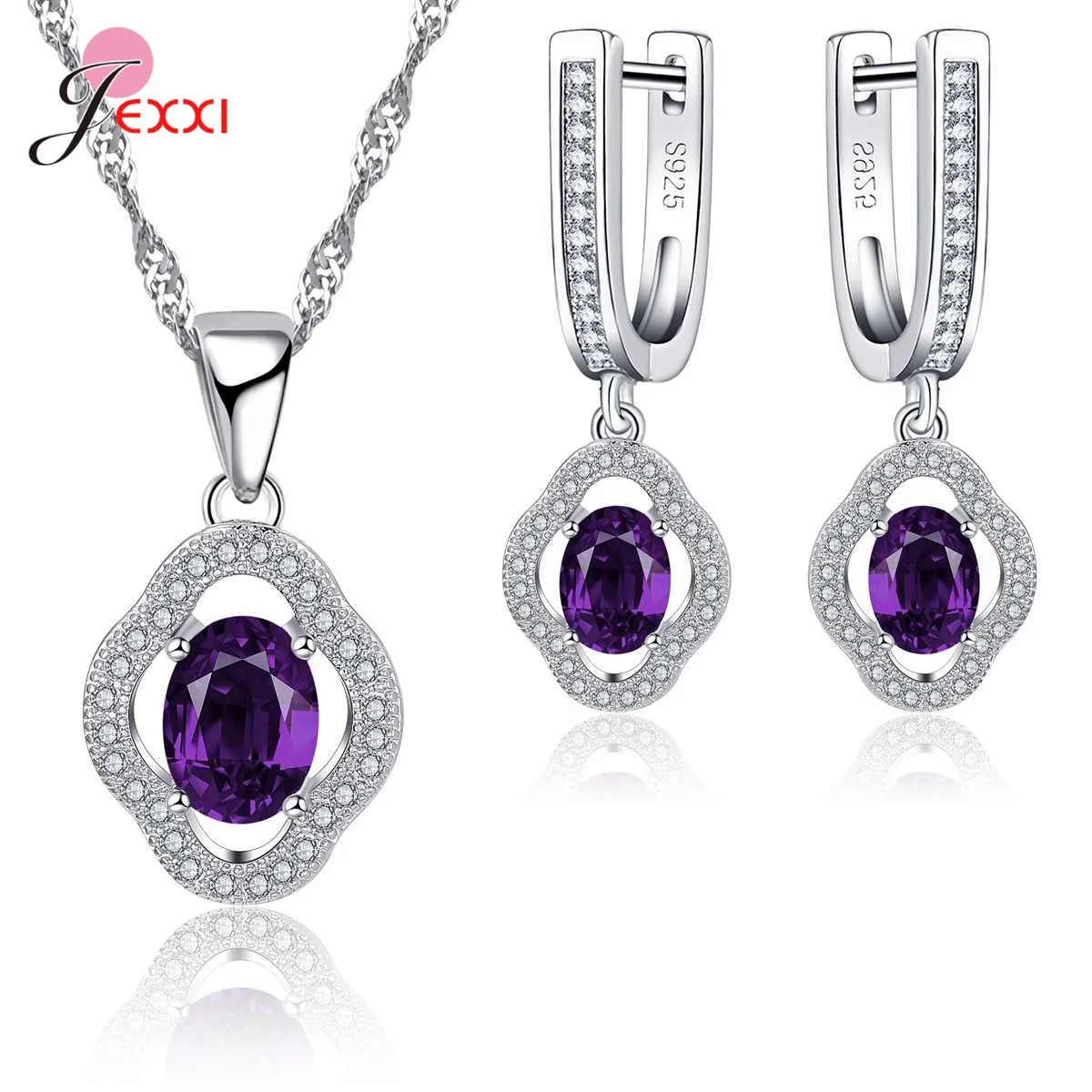 New 925 Sterling Silver Jewelry Set Engagement Wedding Bridal Crystal Rhinestone Flower Round Pendant Necklace Earring Sets