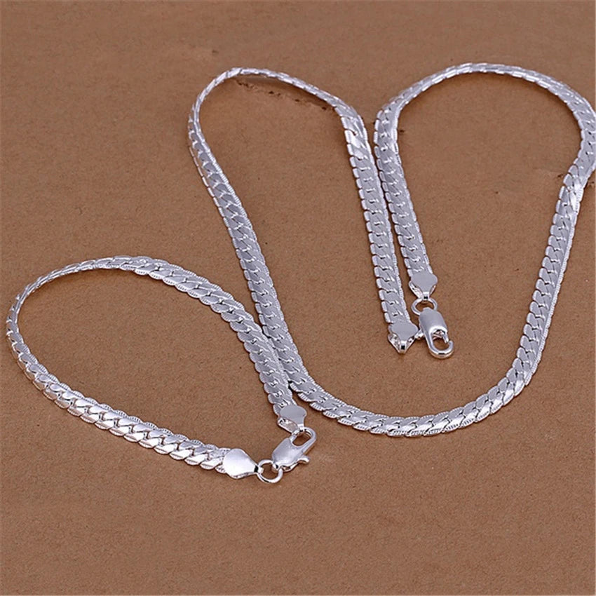 925 Sterling Silver Christmas Gifts European Style 6MM Flat Chain Necklace Bracelets Fashion for Man Women Jewelry Sets S085