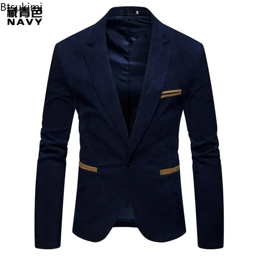 New High Quality Men's Leisure Corduroy Blazers Jacket Fashion Patchwork Single Button Casual Slim Suit Jacket for Men Clothing