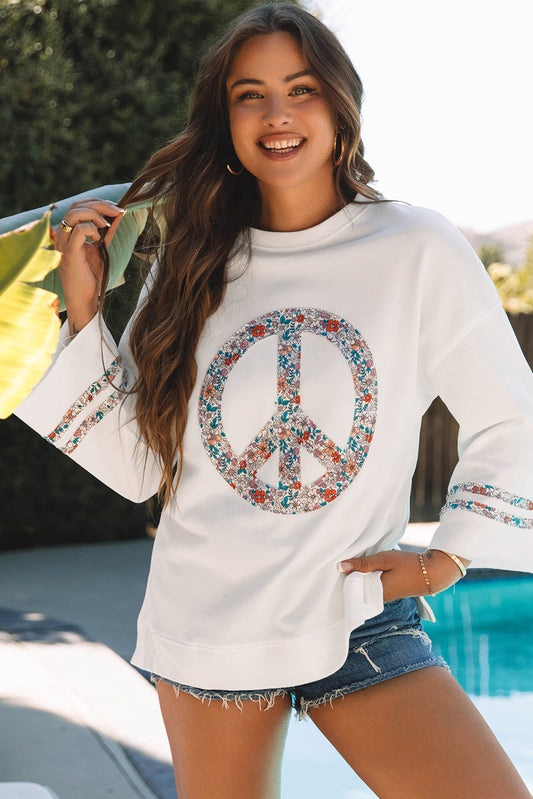 Jet Stream Floral Peace Sign Graphic Drop Shoulder Wide Sleeve Casual Top