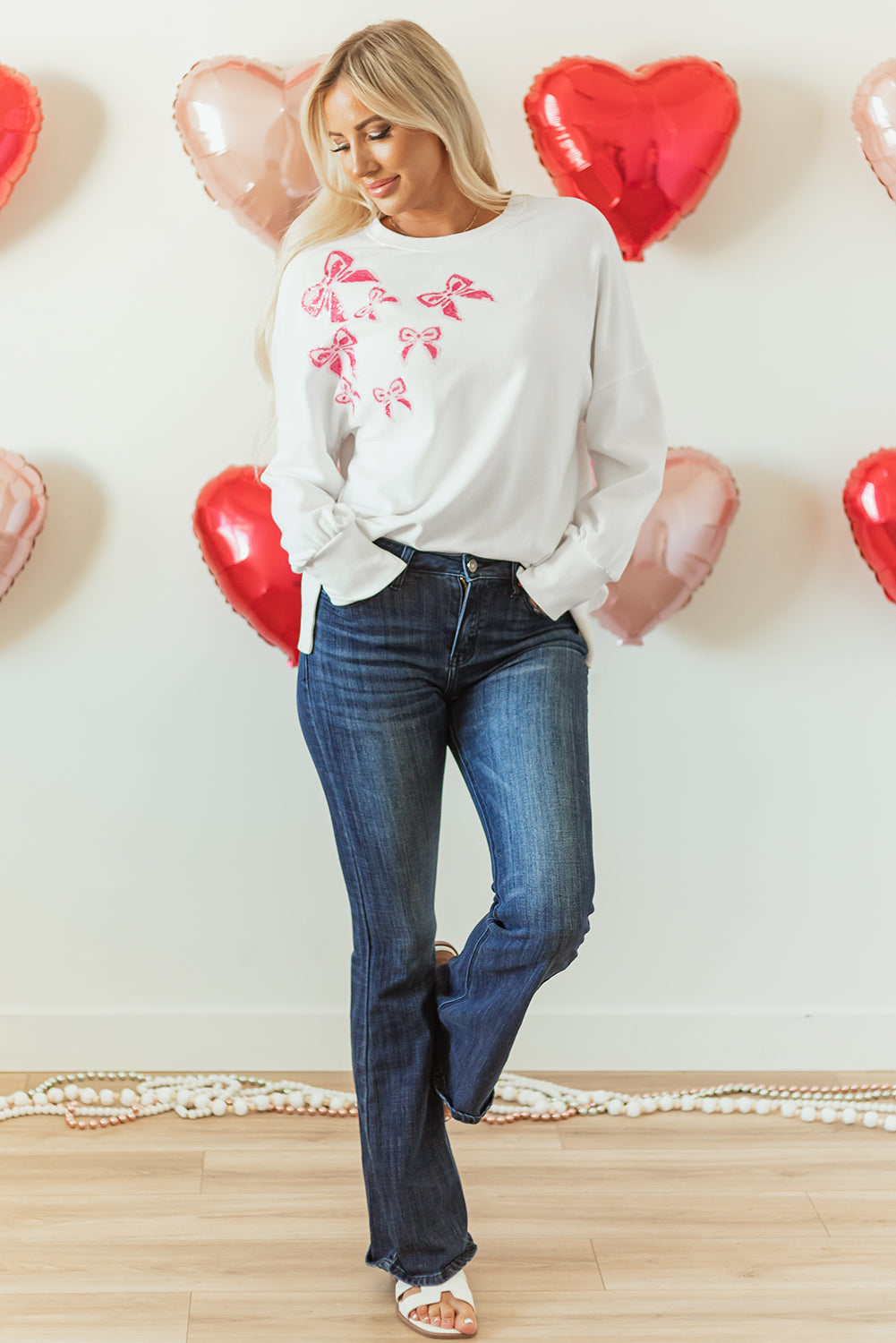 White Sequin Bowknot High Low Oversize Sweatshirt