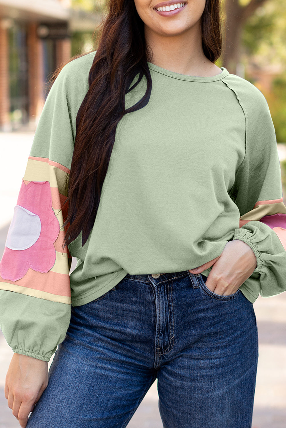 Smoke Green Flower Patchwork Raglan Sleeve Exposed Seam Oversized Top