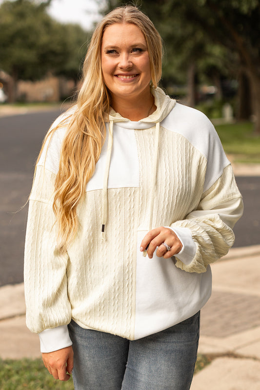 Beige Textured Patchwork Exposed Seam Plus Size Hoodie