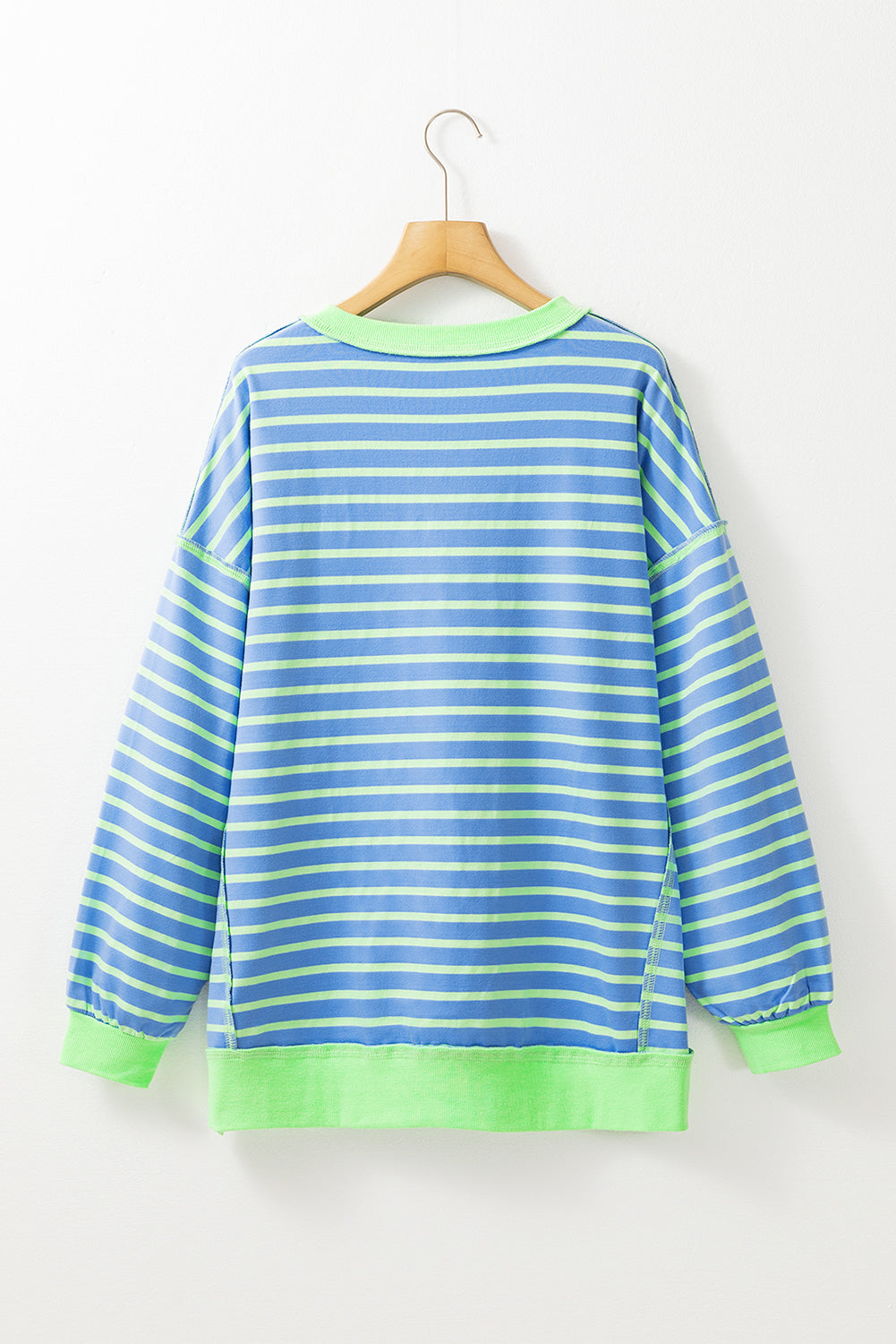 Sky Blue Stripe Contrast Trim High Low Pullover Tunic Sweatshirt