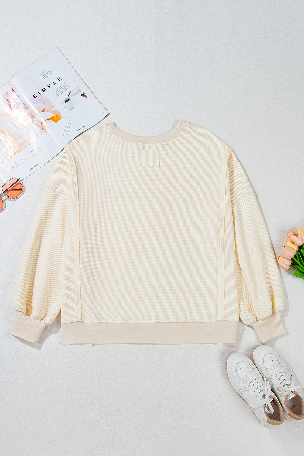 White Solid Color Waffle Knit Drop Shoulder Plus Size Sweatshirt