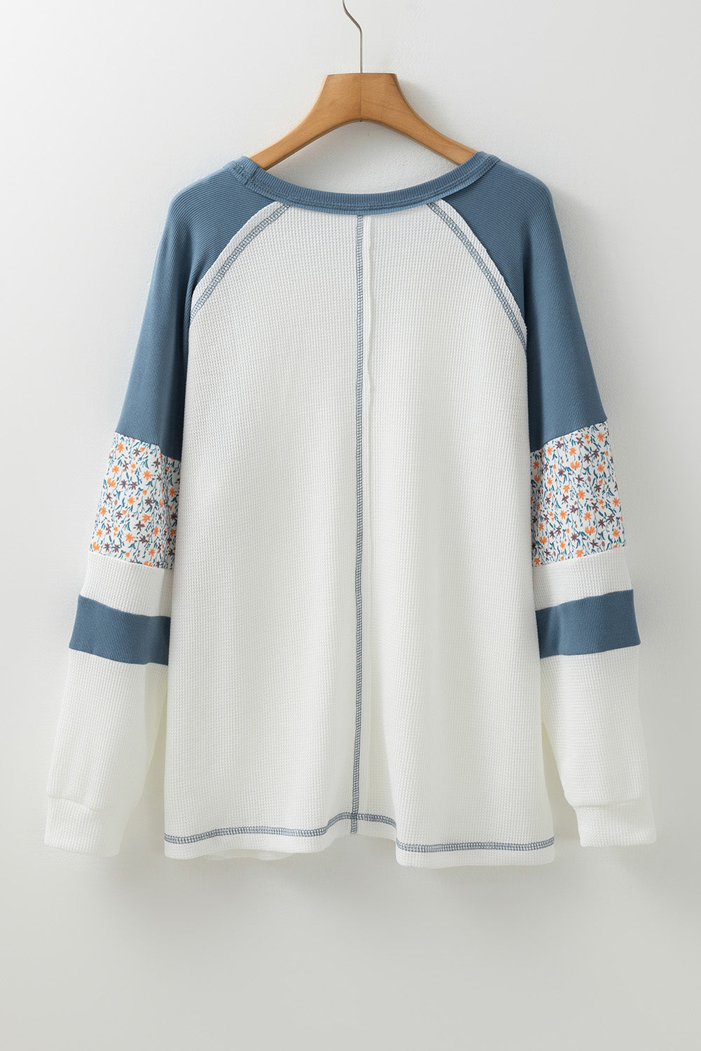 White Floral Patchwork Waffle Knit Raglan Top