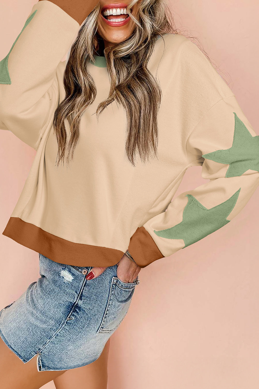 Parchment Star Patchwork Exposed Seam Oversized Sweatshirt