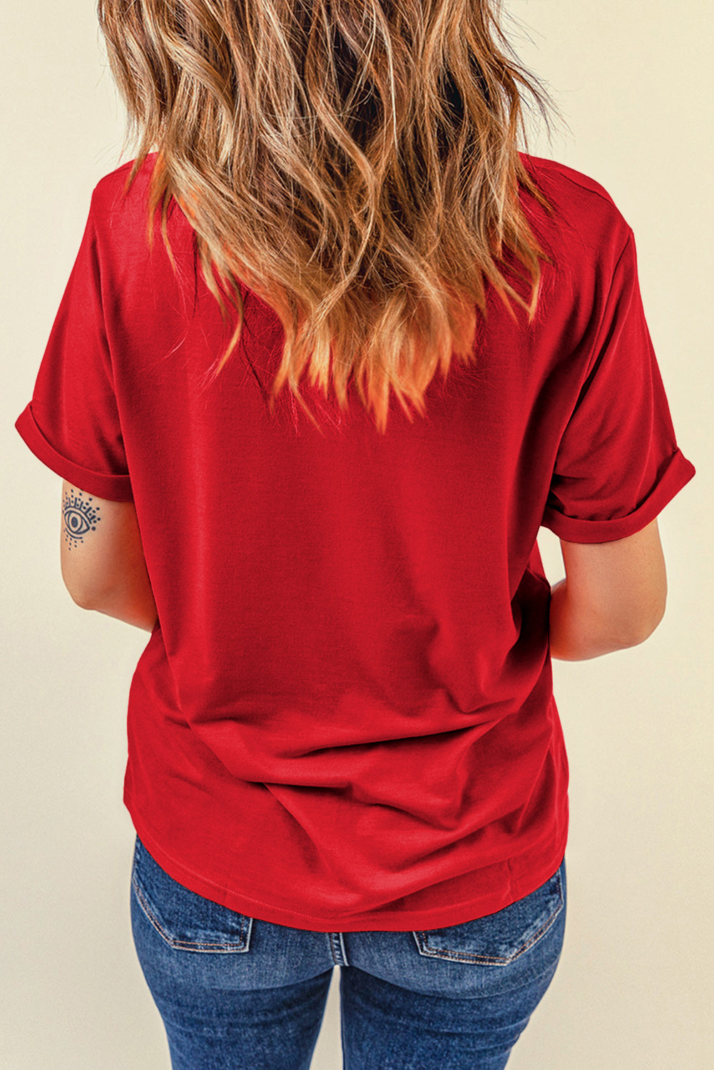 Red Casual Plain Crew Neck Tee