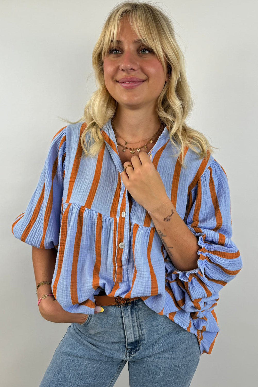 Sky Blue Stripe Crinckled Ruffled Sleeve Button up Loose Shirt