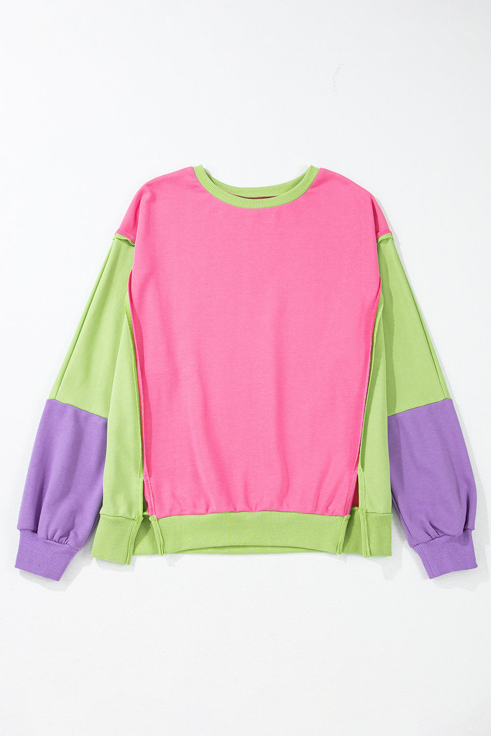 Pink Colorblock Exposed Seam Crewneck Casual Sweatshirt