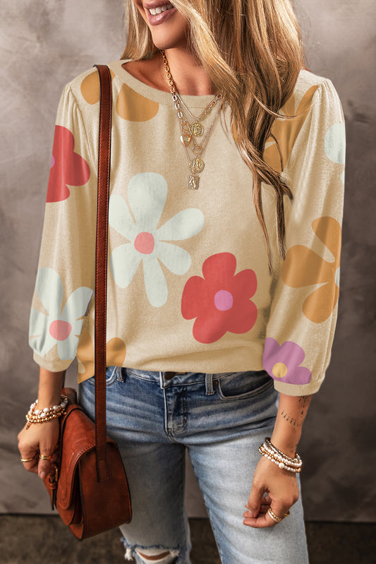 Apricot Cute Flower Print Bracelet Sleeve Top