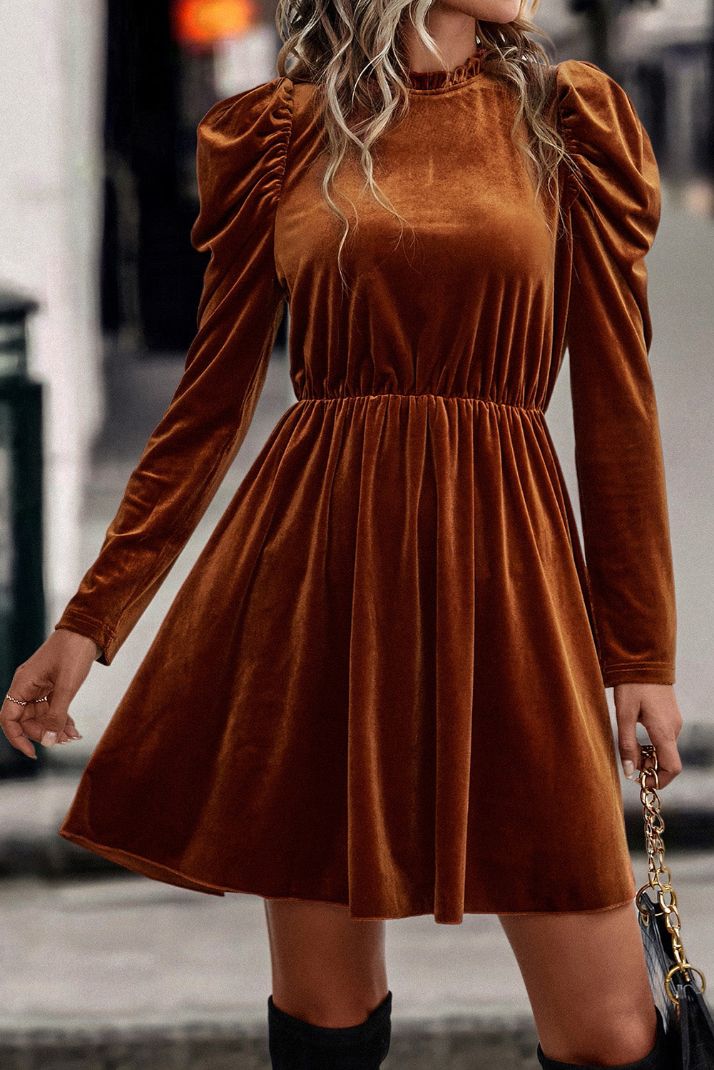 Chestnut Velvet Frilled Neck Gigot Sleeve Swing Dress